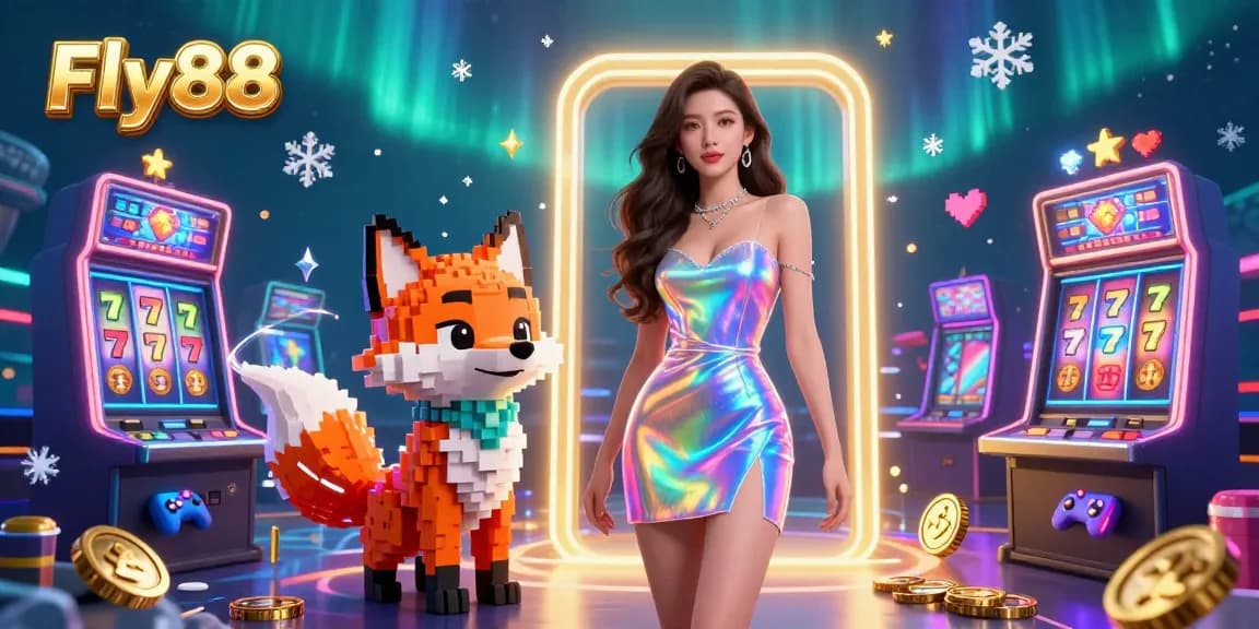 Engage in thrilling games at Fly88 atop colorful slot machines, highlighted by neon visuals and a festive atmosphere.