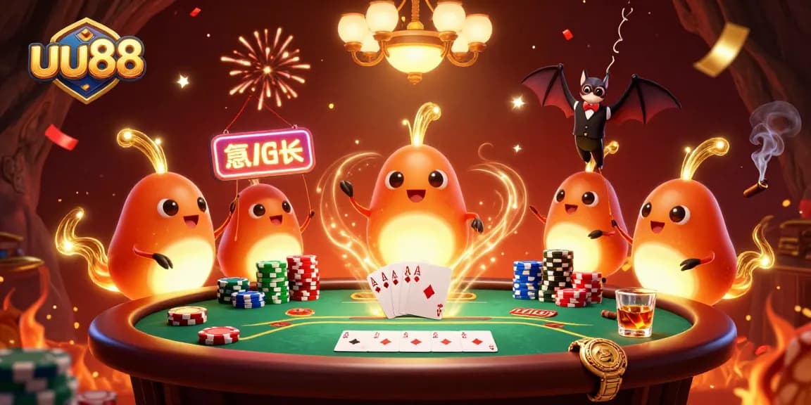 Experience thrilling poker action with uu88 in a vibrant cave casino illuminated by glowing creatures.