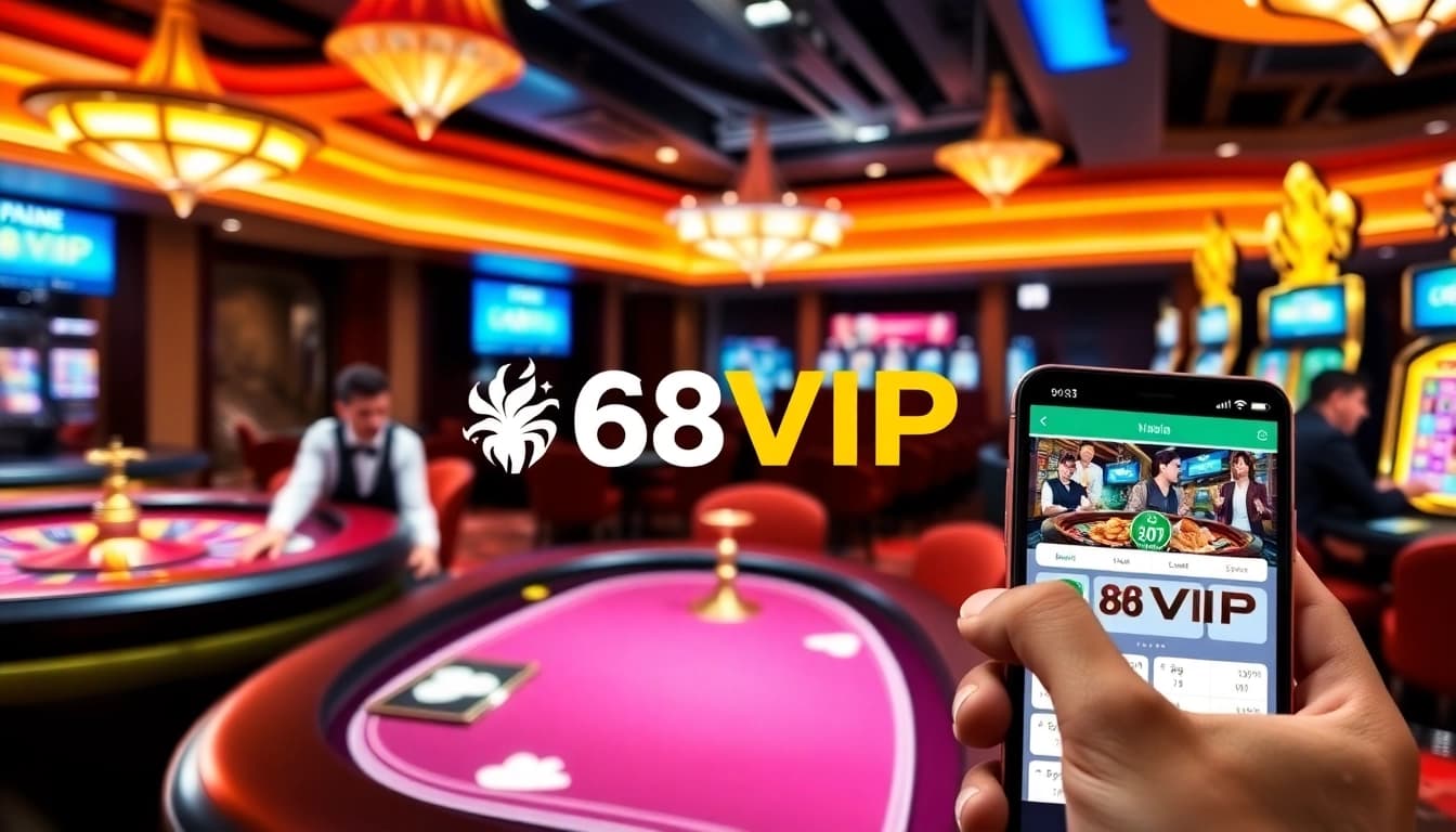 Exciting gambling scene at 68VIP casino with professional dealers and vibrant slot machines.