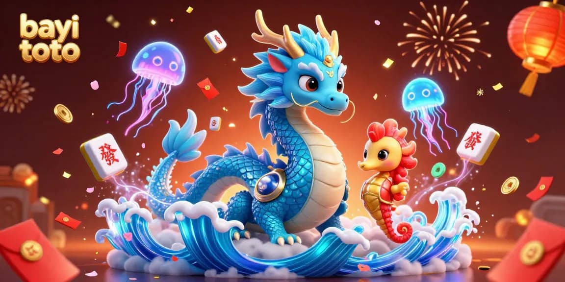 Bayi toto unfolds vibrant gaming excitement with a glowing water dragon, seahorse knight, and rich casino elements.
