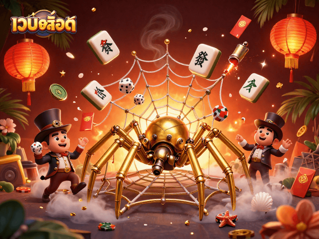 Play เว็บสล็อต and enjoy a vibrant casino scene with the golden spider and entertaining elements.