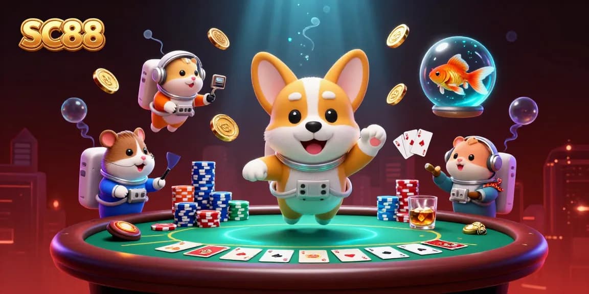 Experience the thrilling atmosphere of SC88 as a corgi astronaut floats alongside playful casino elements.