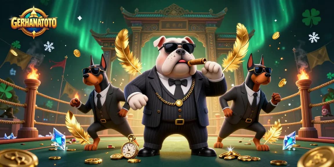 GERHANATOTO mempersembahkan ilustrasi kasino dengan bulldog mafia dan pengawalnya, mengungkapkan energi taruhan.