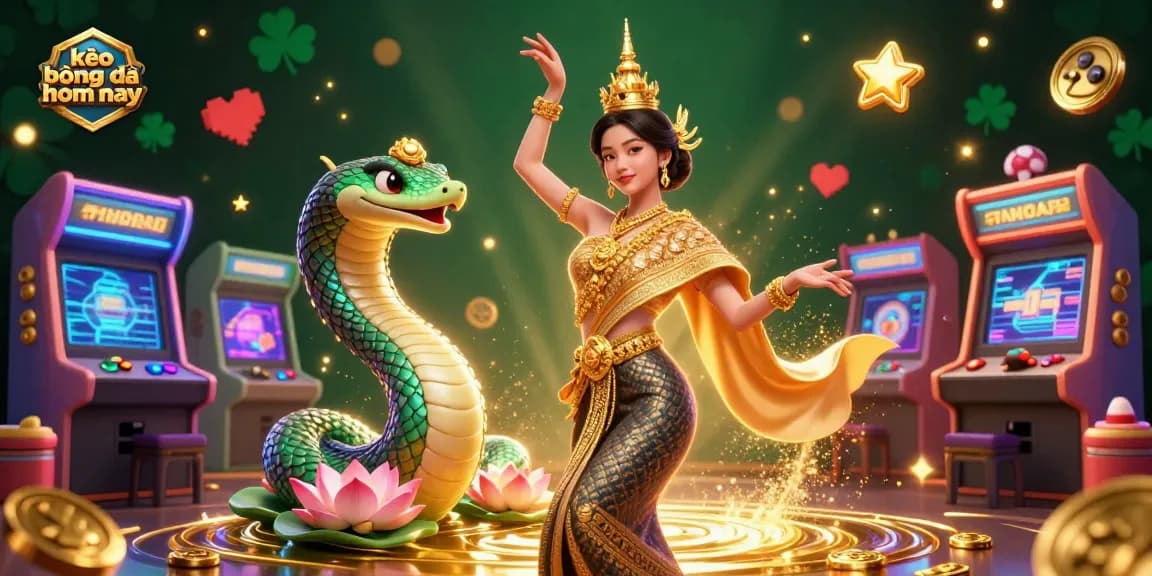 Bet on kèo bóng đá hôm nay with a colorful digital illustration showcasing a Thai dancer, Naga serpent, and arcade gaming elements.