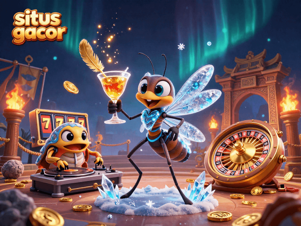 Engage with the situs slot gacor experience featuring a vibrant 3D scene with unique gambling characters.