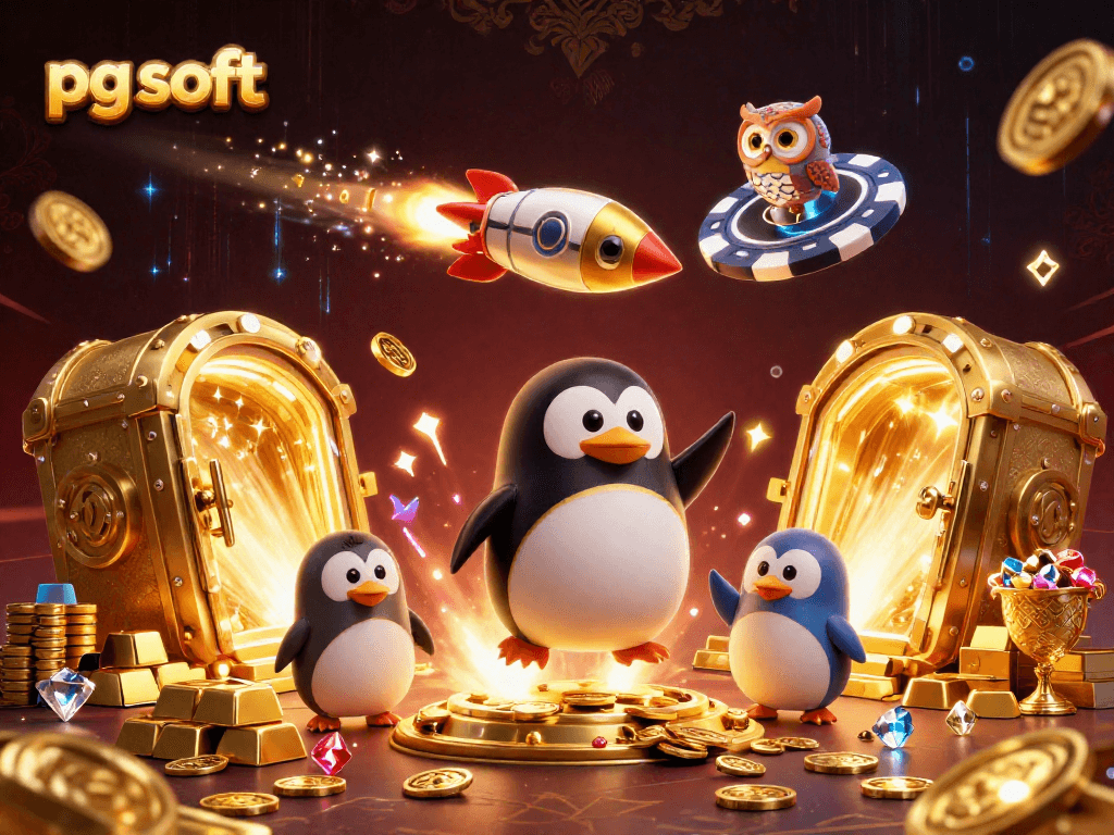 Experience the excitement of pg soft with a dazzling 3D scene of a golden penguin launching into a casino space adventure.