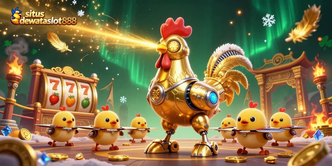 Mainkan permainan di situs dewataslot888 dengan robot ayam emas yang menyinari pola berkilau dan membawa drone anak ayam.