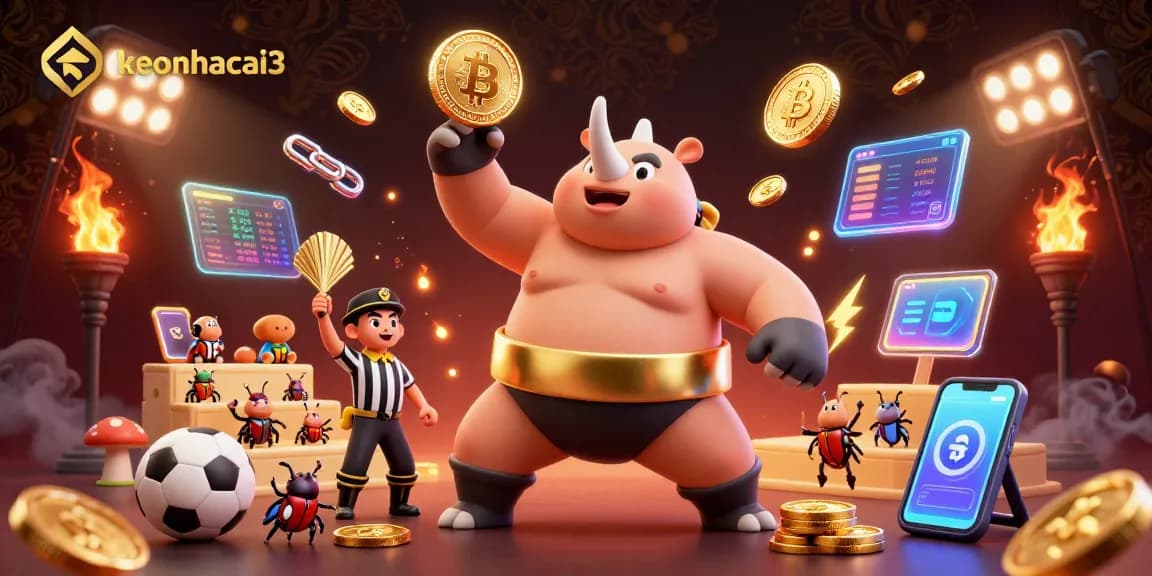 Keonhacai3 showcases a vibrant sports betting scene with a sumo beetle champion amidst glowing digital coins.
