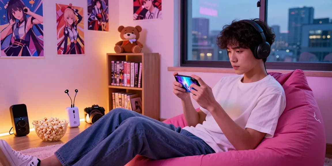 Young adult enjoying mobile hentai games in a cozy gaming nook, surrounded by anime posters and snacks.