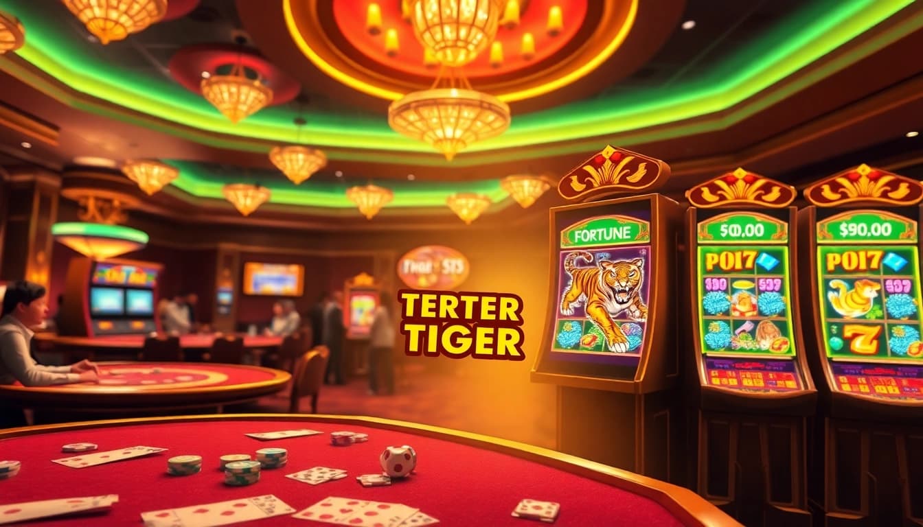 Engaging scene of players enjoying the Fortune Tiger PG Soft slot machine at a vibrant casino.