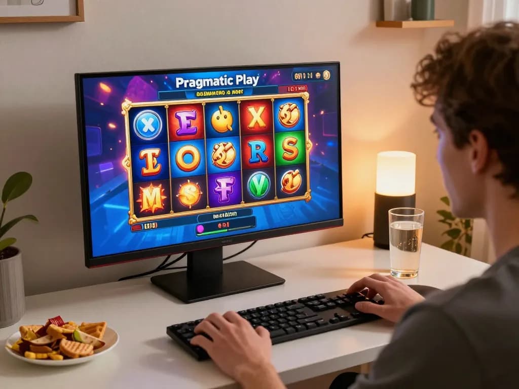 Playing the exciting Demo Slot Pragmatic in a cozy home gaming environment with vibrant graphics on screen.