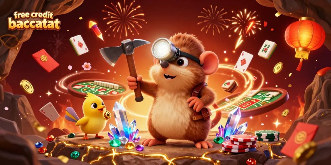 Win big with free credit baccarat in this vibrant 3D casino scene featuring engaging characters and elements.