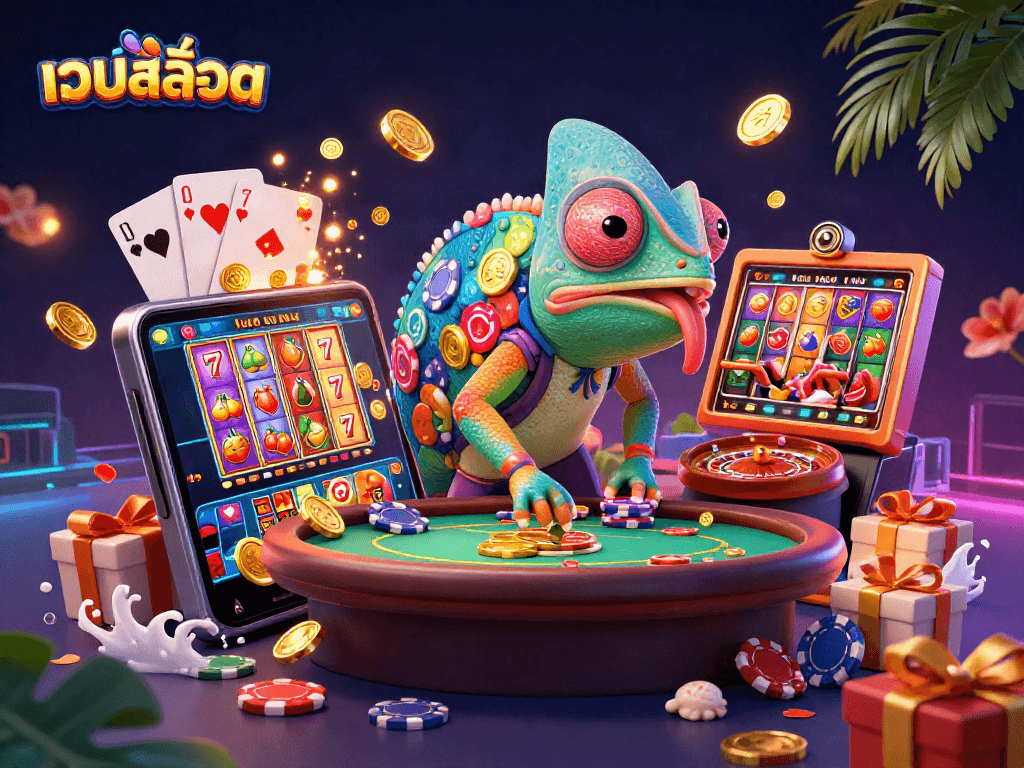Engage with เว็บสล็อต while the chameleon casino owner captures coins in a vibrant gaming scene.