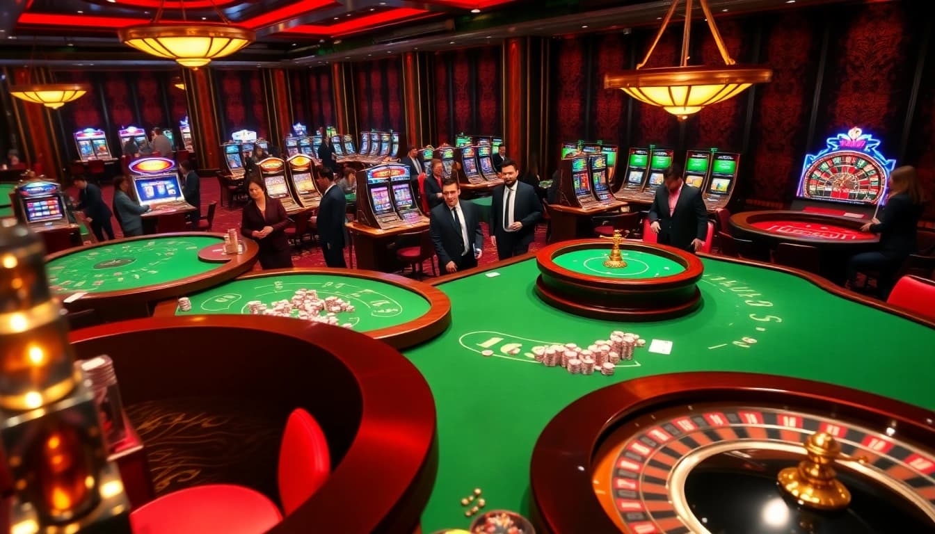Engaging scene at mm88 casino showcasing vibrant tables, live dealers, and thrilling slot machines.