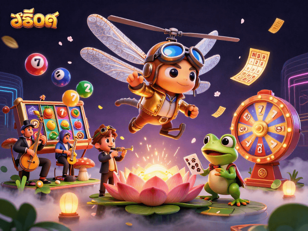 Experience thrilling สล็อต games as a dragonfly pilot hovers over a lily pad casino.