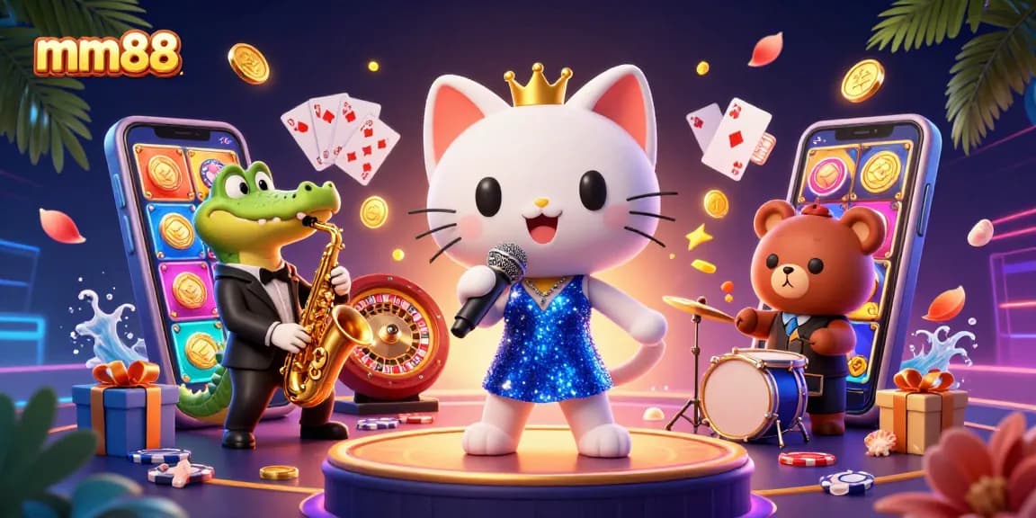 Engage in thrilling gaming action with mm88's vibrant casino scene featuring unique characters and exciting elements.