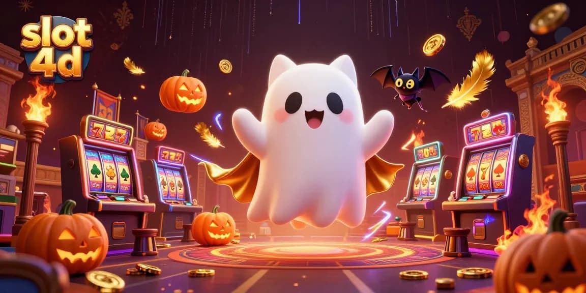 Engage with slot 4d as a friendly ghost cat and bat explore a lively casino scene.