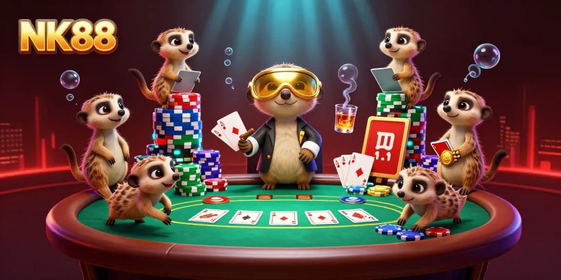Experience excitement and strategy at NK88 with playful meerkats managing a vibrant casino scene