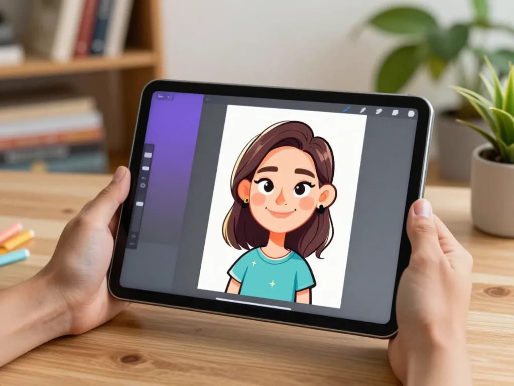 Creating Chatgpt caricature on tablet in cozy home setting, highlighting personal expression and creativity.