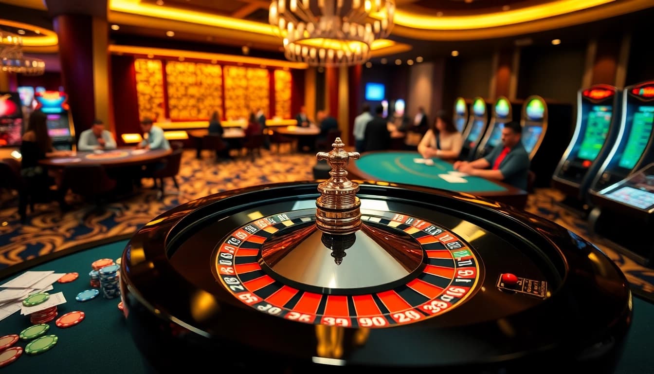 View of a luxurious casino scene with roulette and poker focusing on https://mk8th.net/ online betting experience.