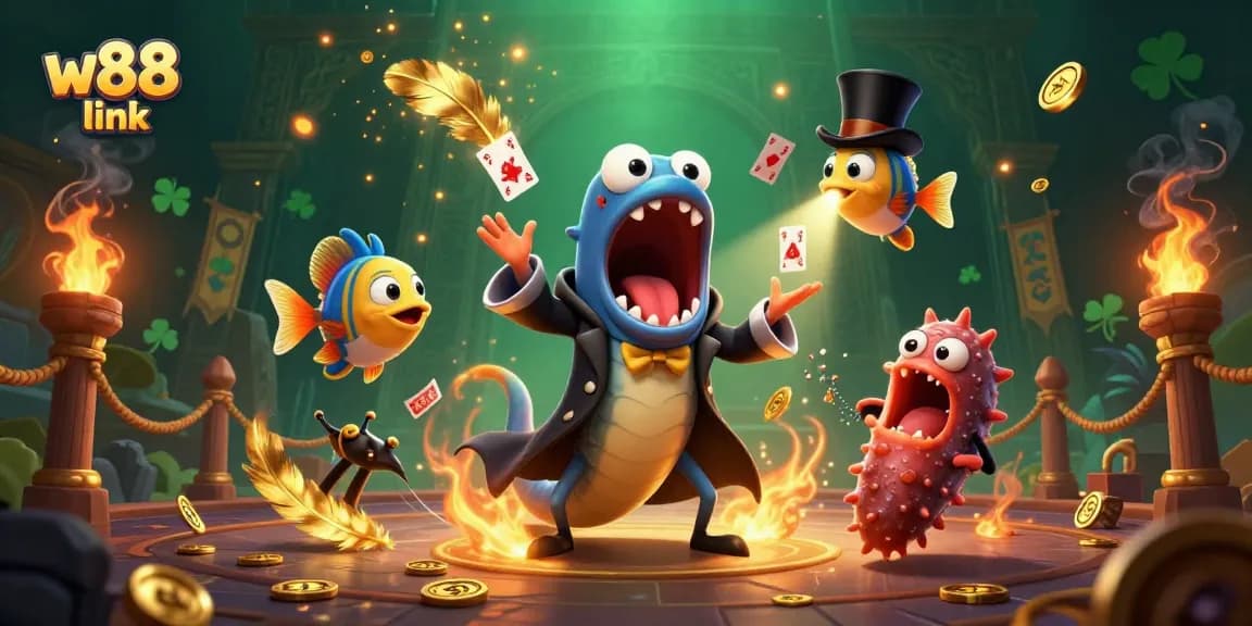 Engage with the vibrant w88 link visuals in this dynamic underwater casino scene featuring sea creatures.