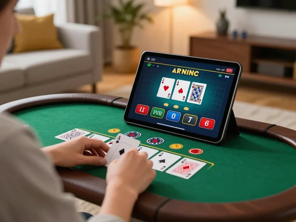 Player enjoying live dealer blackjack on nk88 in a cozy home setup with tablet and relaxed atmosphere