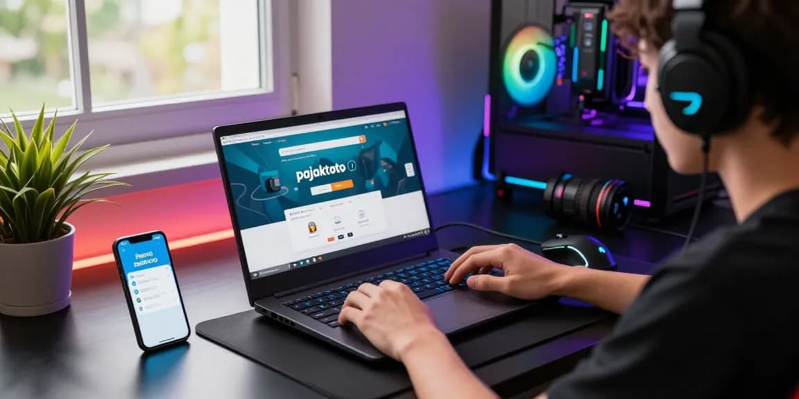 Pajaktoto login interface displayed on a gaming laptop setup surrounded by gaming accessories and vibrant lighting.