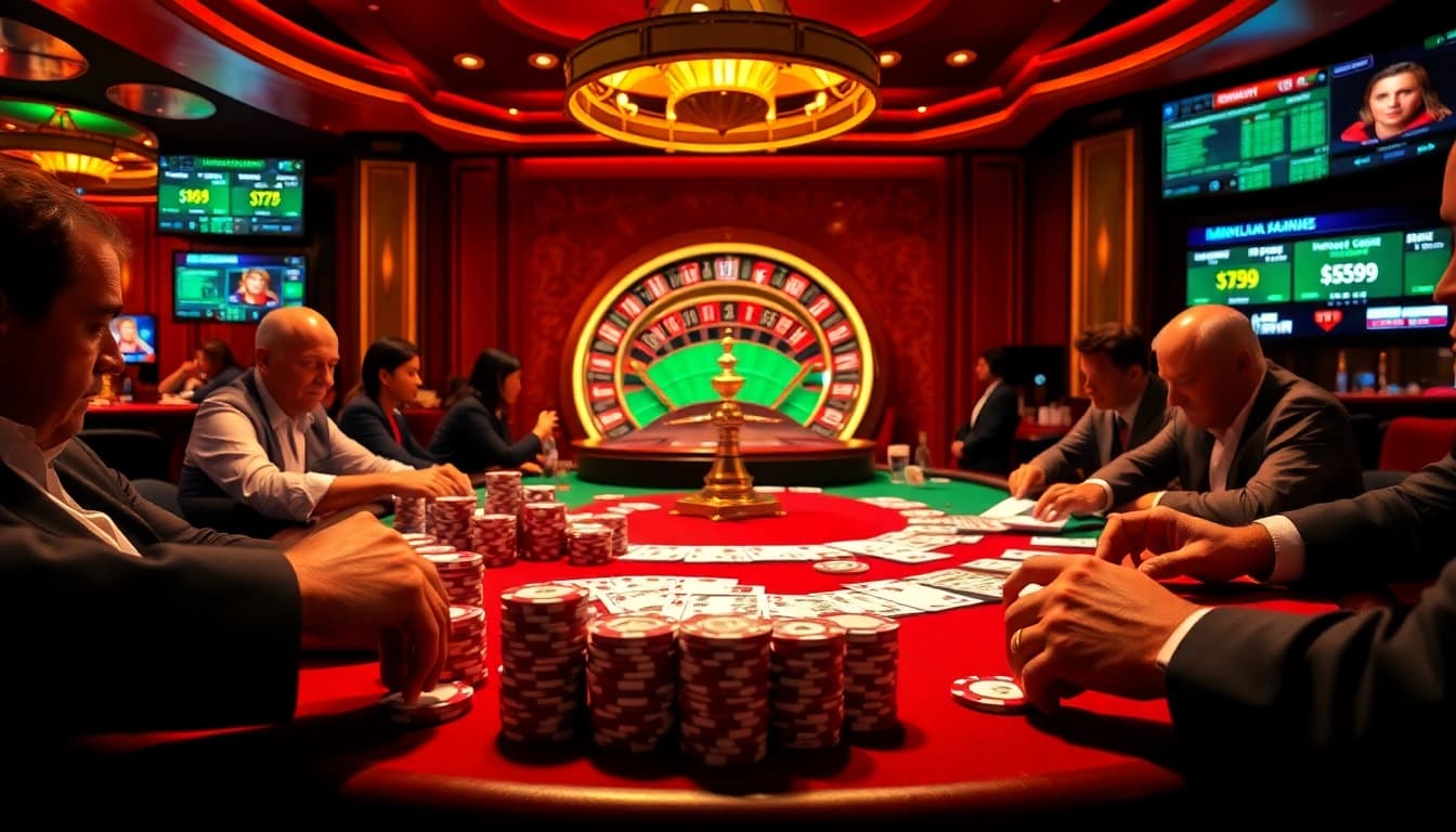 Gamblers immersed in online poker action with chips and cards at https://789f.fan/.