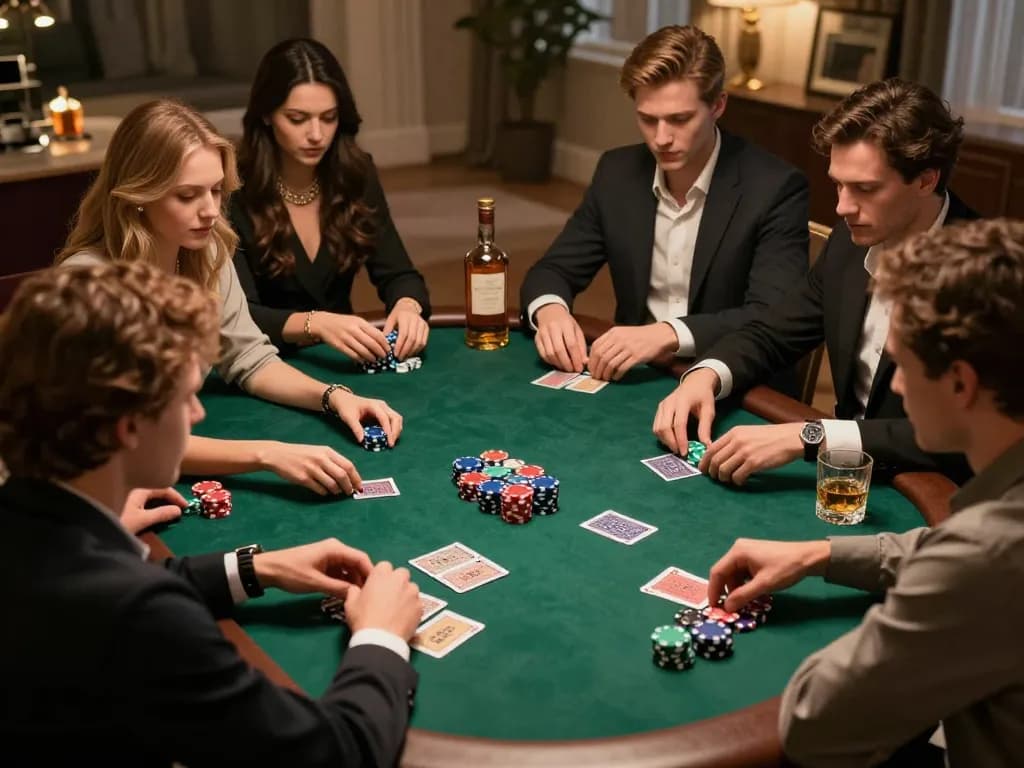 Engaging scene of friends playing poker, showcasing the excitement of ดูหนังออนไลน์ฟรี within a social gambling environment.