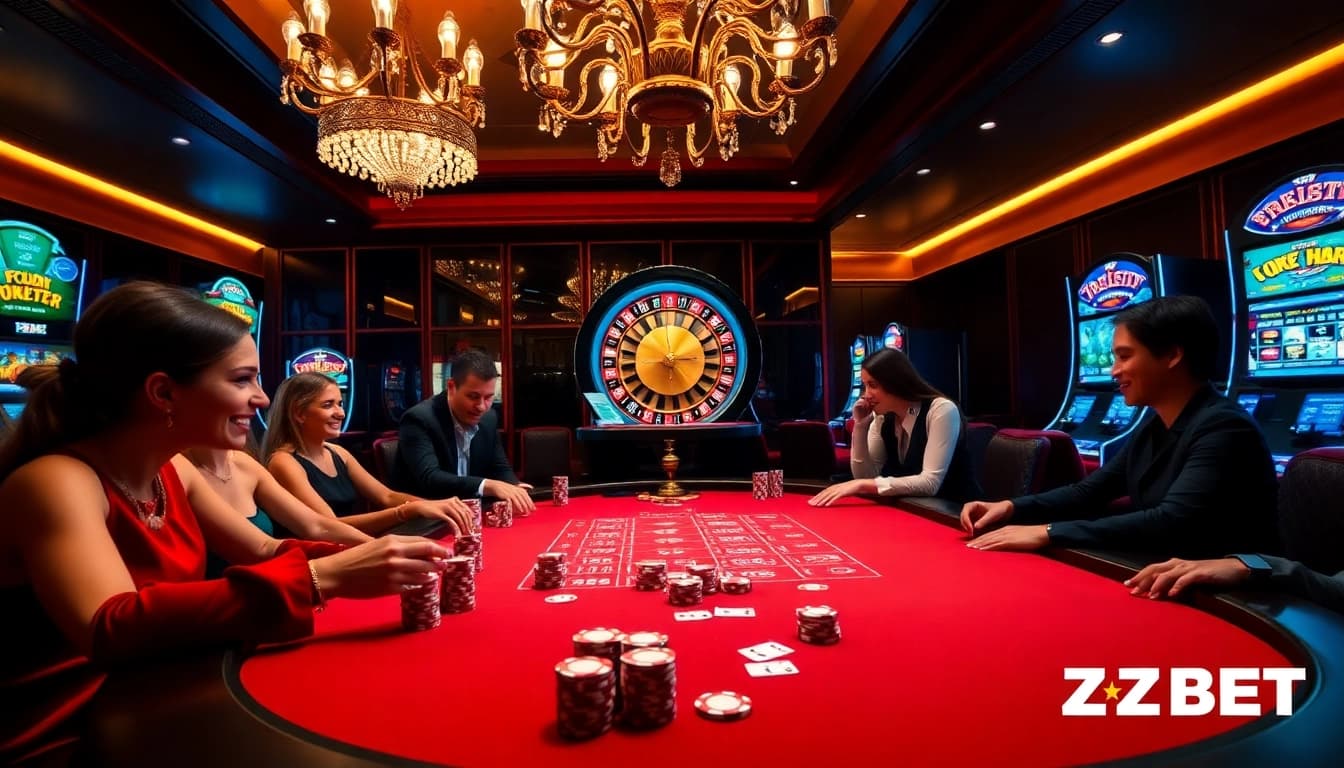 Z BET poker thrills at a high-stakes table with vibrant chips and cards in a luxurious casino setting.