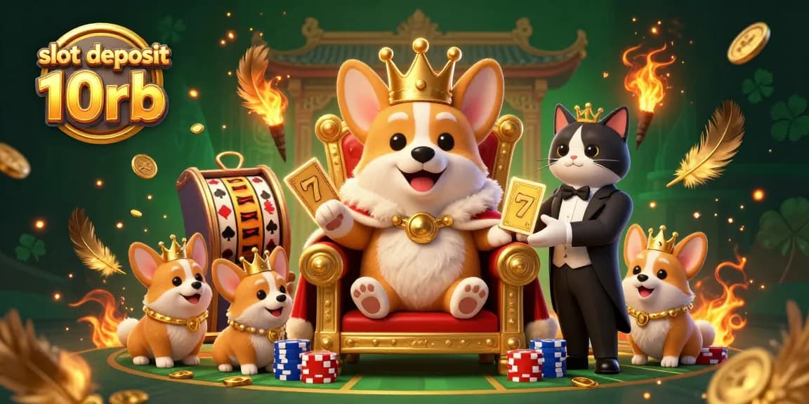 Engage with slot deposit 10rb themed art, featuring a royal corgi on poker chips amidst vibrant casino elements.