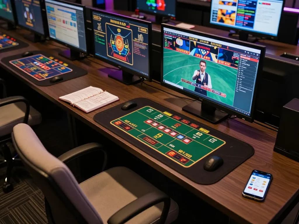 Engaging online gaming session on mm88 app with multiple screens showing casino games and strategy notes.