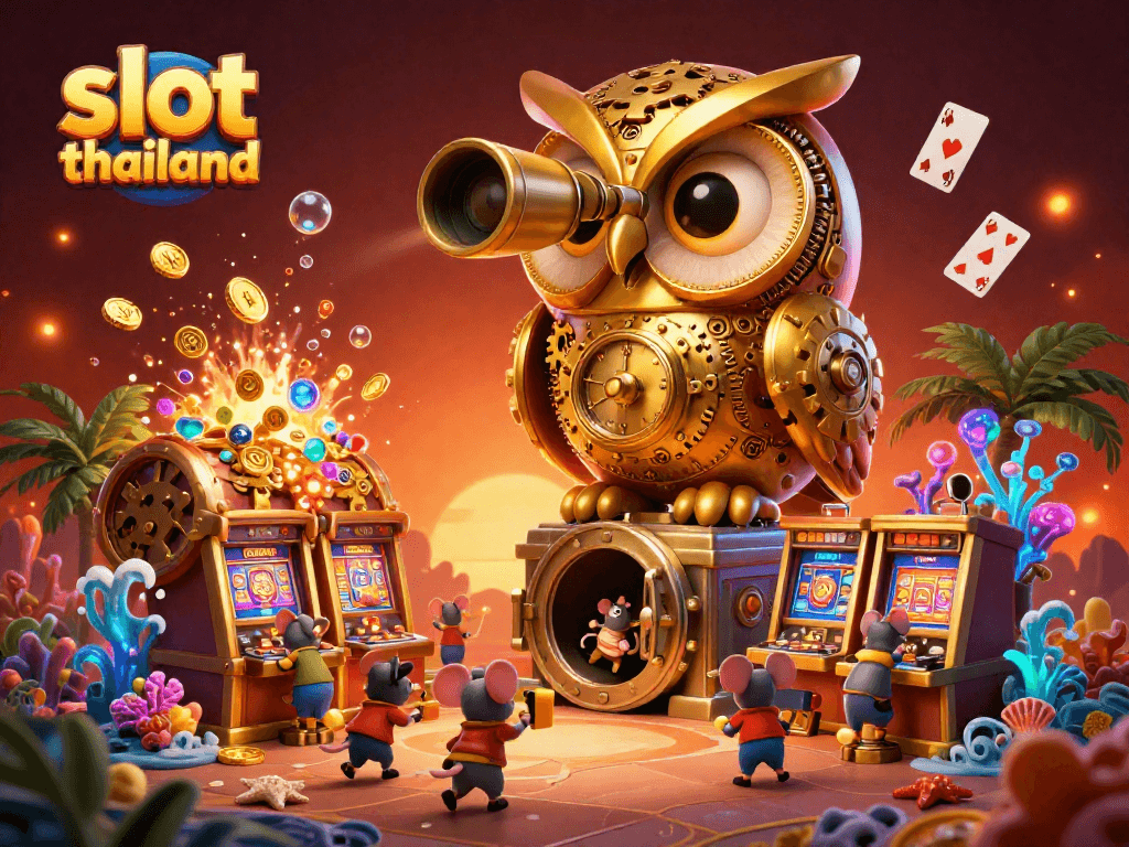 Play and win at slot thailand with vibrant slots and animated characters in a lively casino scene.