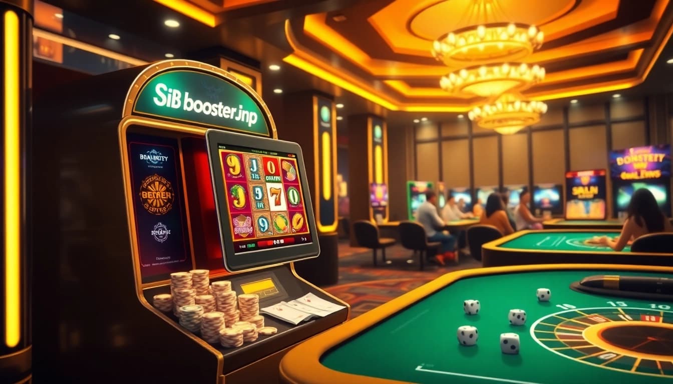 Experience thrilling gameplay at BoosterJP with a vibrant slot machine surrounded by casino elements.