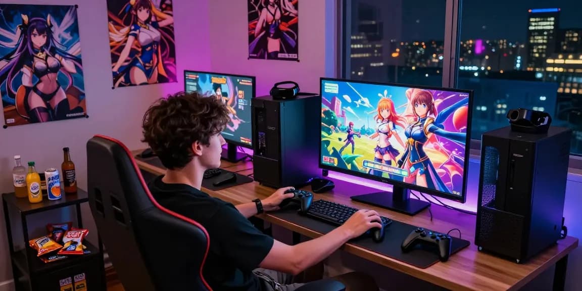 Engaging player immersed in an ecchi game setup, showcasing vibrant visuals and cozy atmosphere.