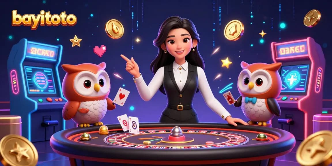 Bet and win big with bayitoto at an energetic online casino themed illustration showcasing dealers.