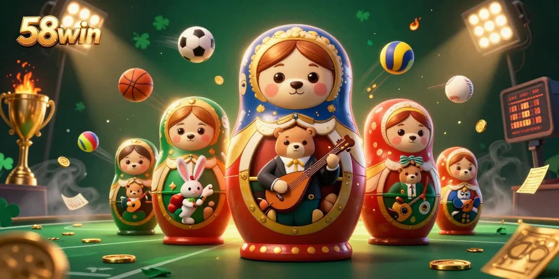 Experience thrilling action with 58win as the Matryoshka bear and friends celebrate casino gaming with vivid sports elements.
