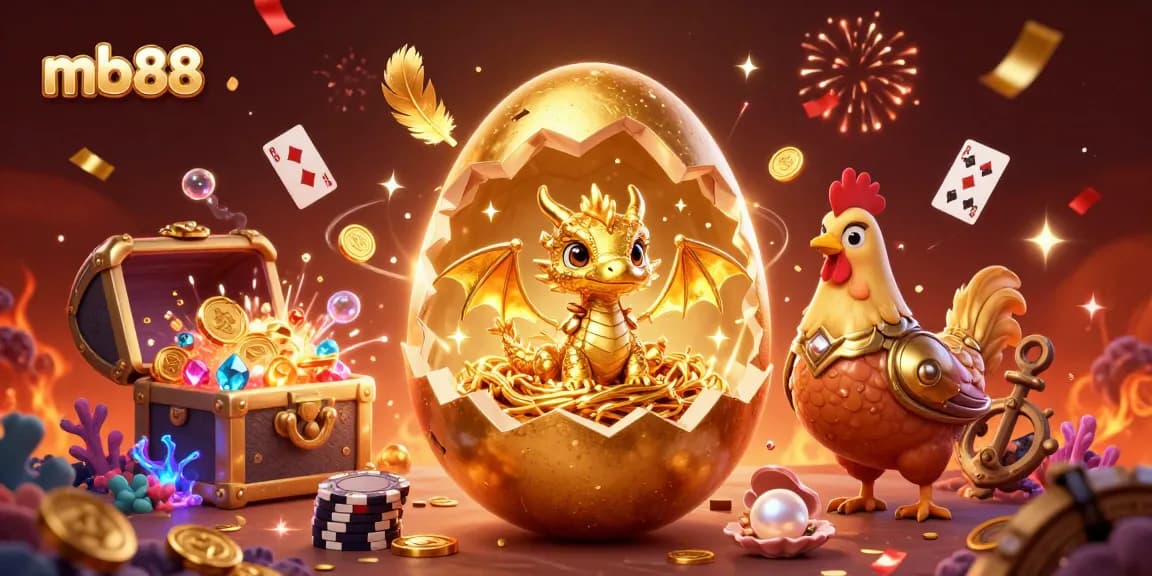 Experience the excitement of mb88 as a golden baby dragon emerges from an egg amidst casino treasures.