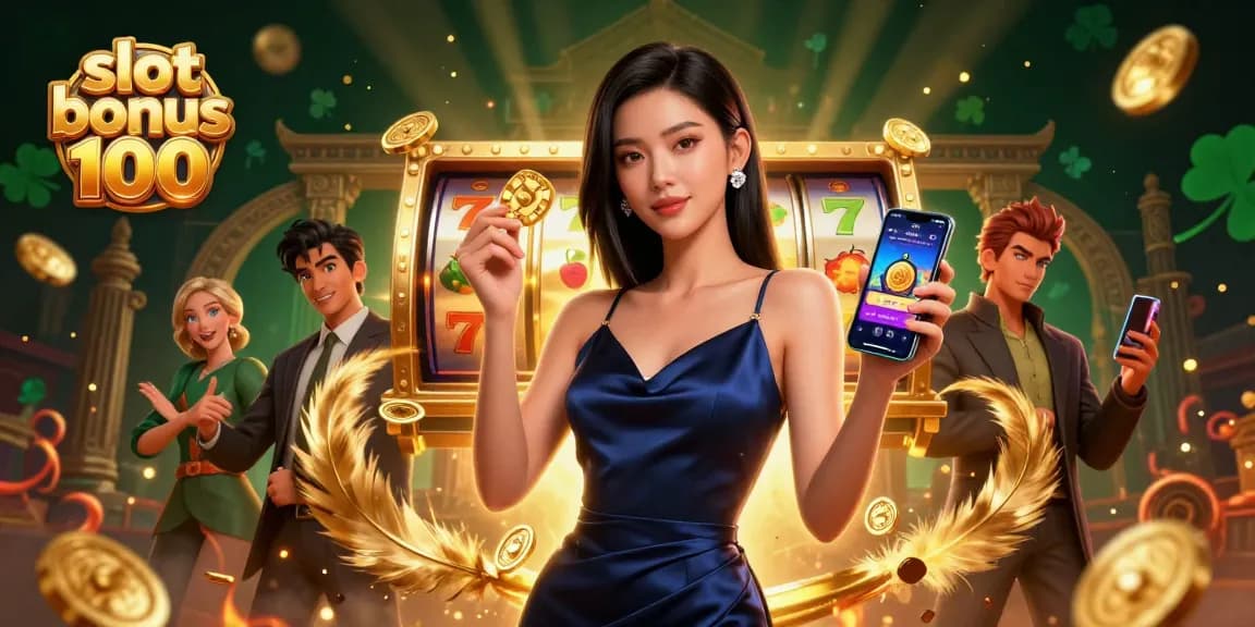 Spin the slot bonus 100 with a confident player in an engaging casino scene filled with excitement.