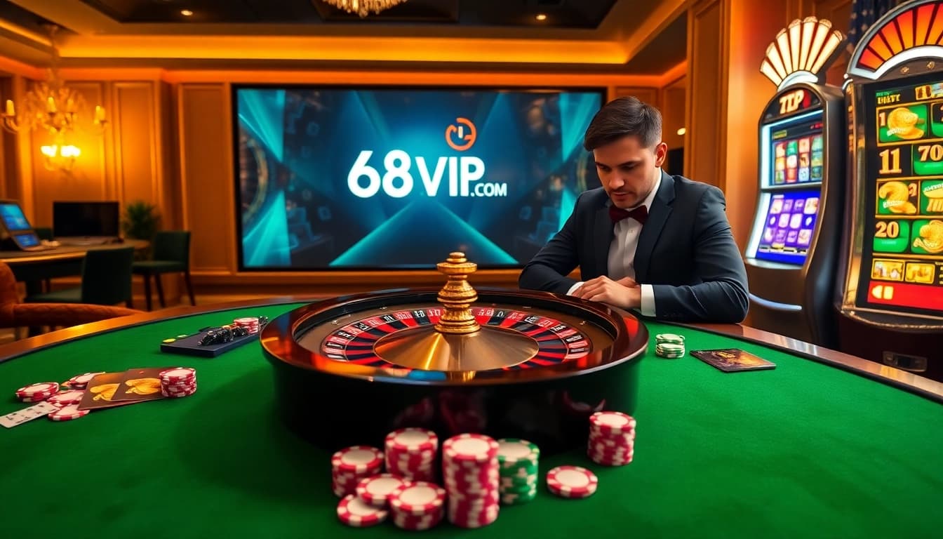 Exciting gambling scene highlighting strategy at 68VIP.COM with roulette, cards, and poker chips.