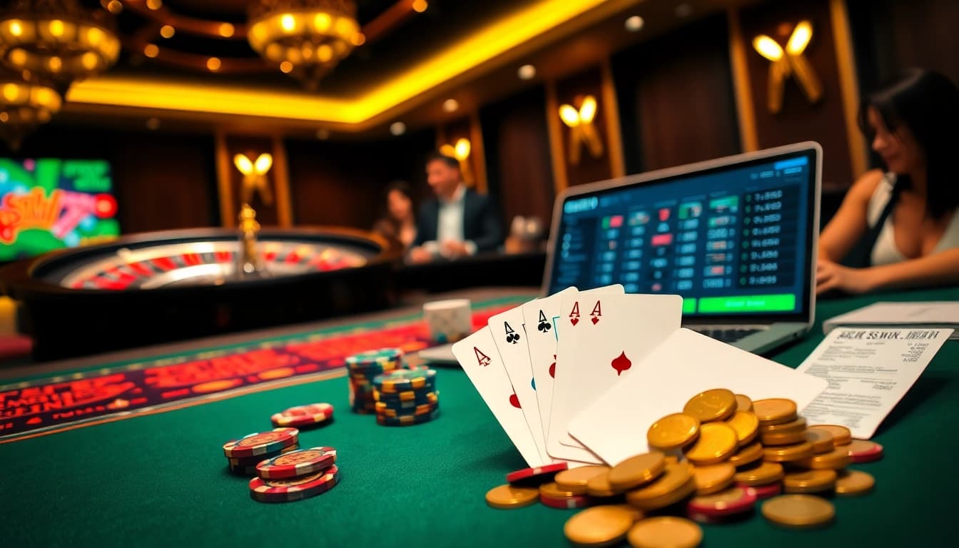 Players engaging in high-stakes gaming at 555win's elegant casino with roulette and poker elements.