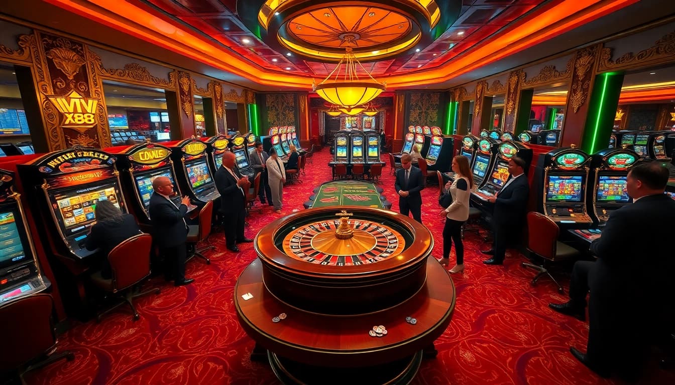 X88 CASINO's vibrant slot machines and roulette table surrounded by eager gamblers playing exciting games.