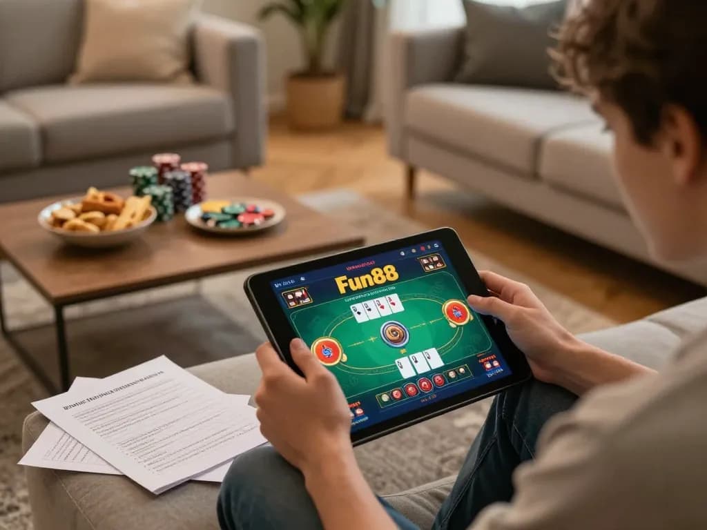 Engaged player enjoying fun88 casino games on a tablet in a cozy home environment.