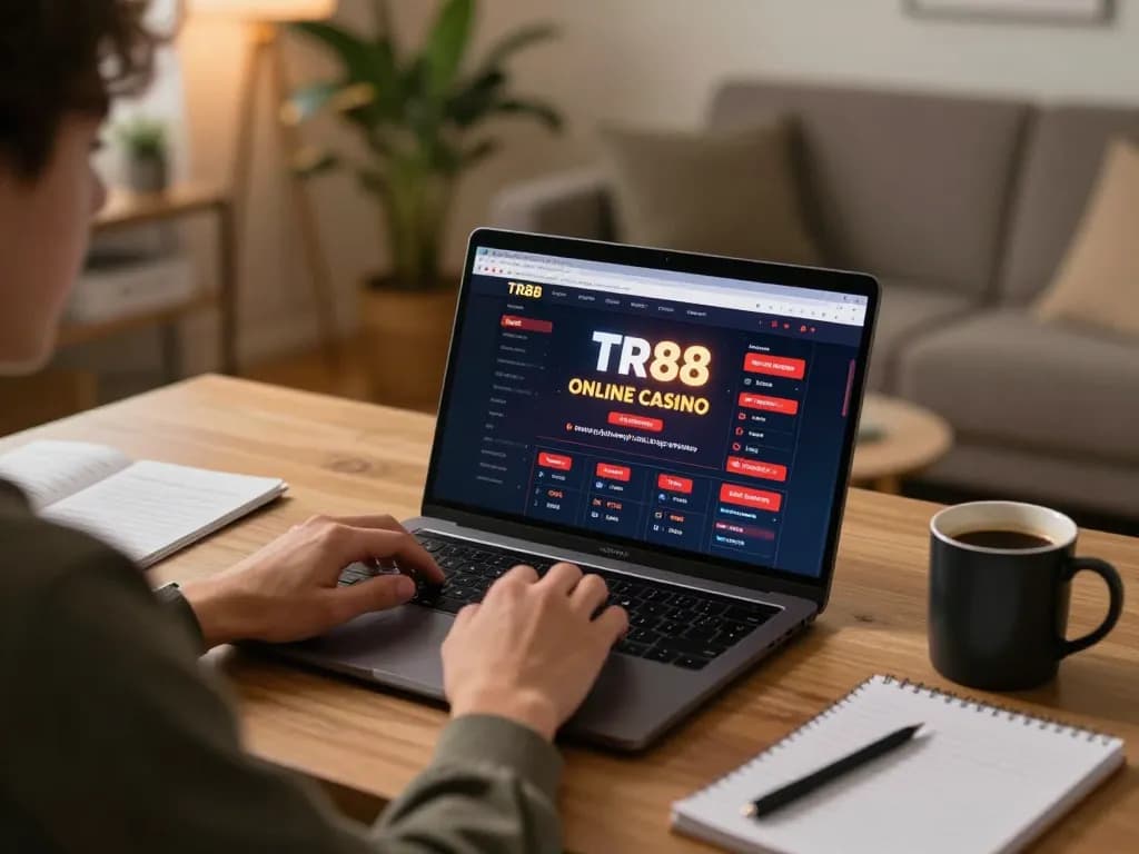 Player enjoying online gaming at TR88 on laptop, showcasing strategic gameplay in a cozy home setting.