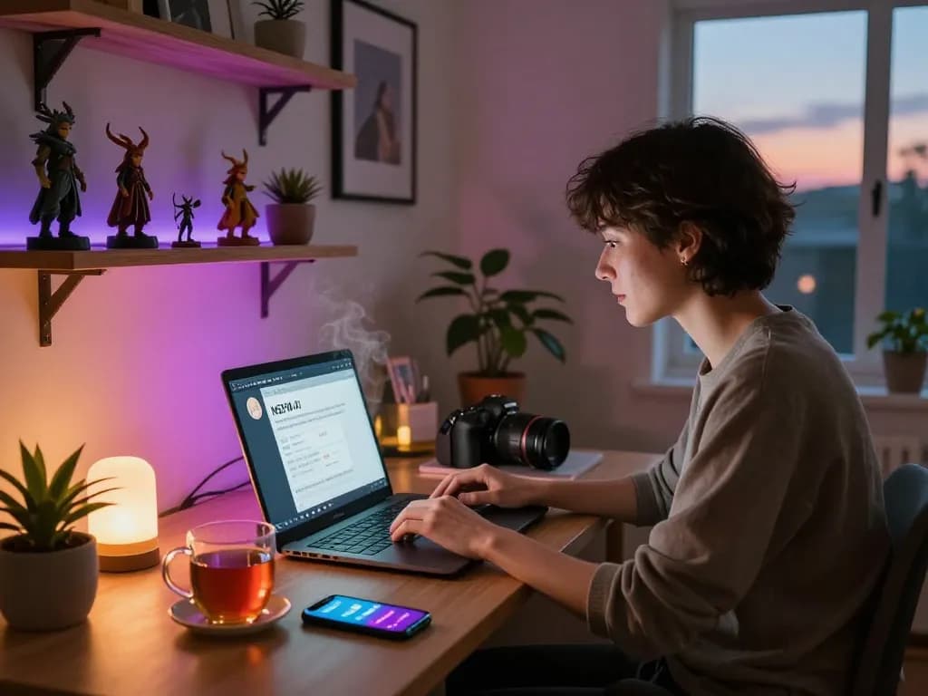 Intimate setup of an engaging nsfw ai chat in a cozy home office, featuring colorful lighting and personal decor.
