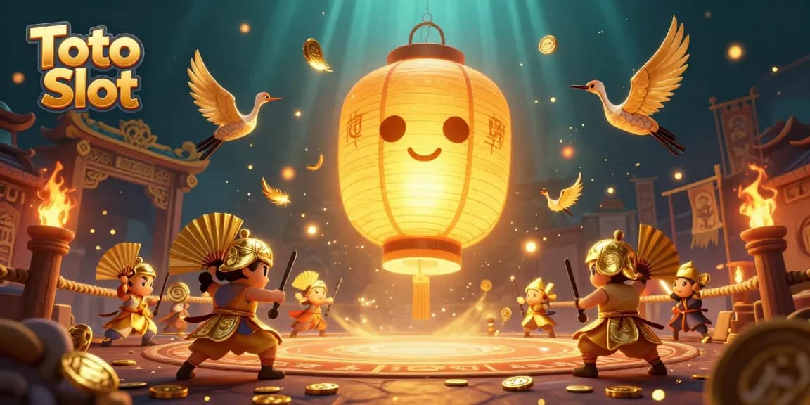 Menggambarkan Toto Slot dalam ilustrasi kasino 3D dengan roh lentera emas dan pejuang kertas yang berinteraksi.