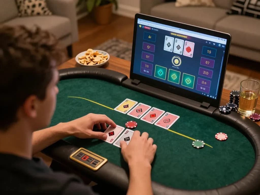 Player engaging in an online poker game on GO88, surrounded by snacks and drinks in a cozy atmosphere.