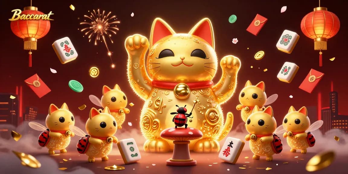 Baccarat game art features a golden lucky cat and casino symbols, celebrating festive winnings.