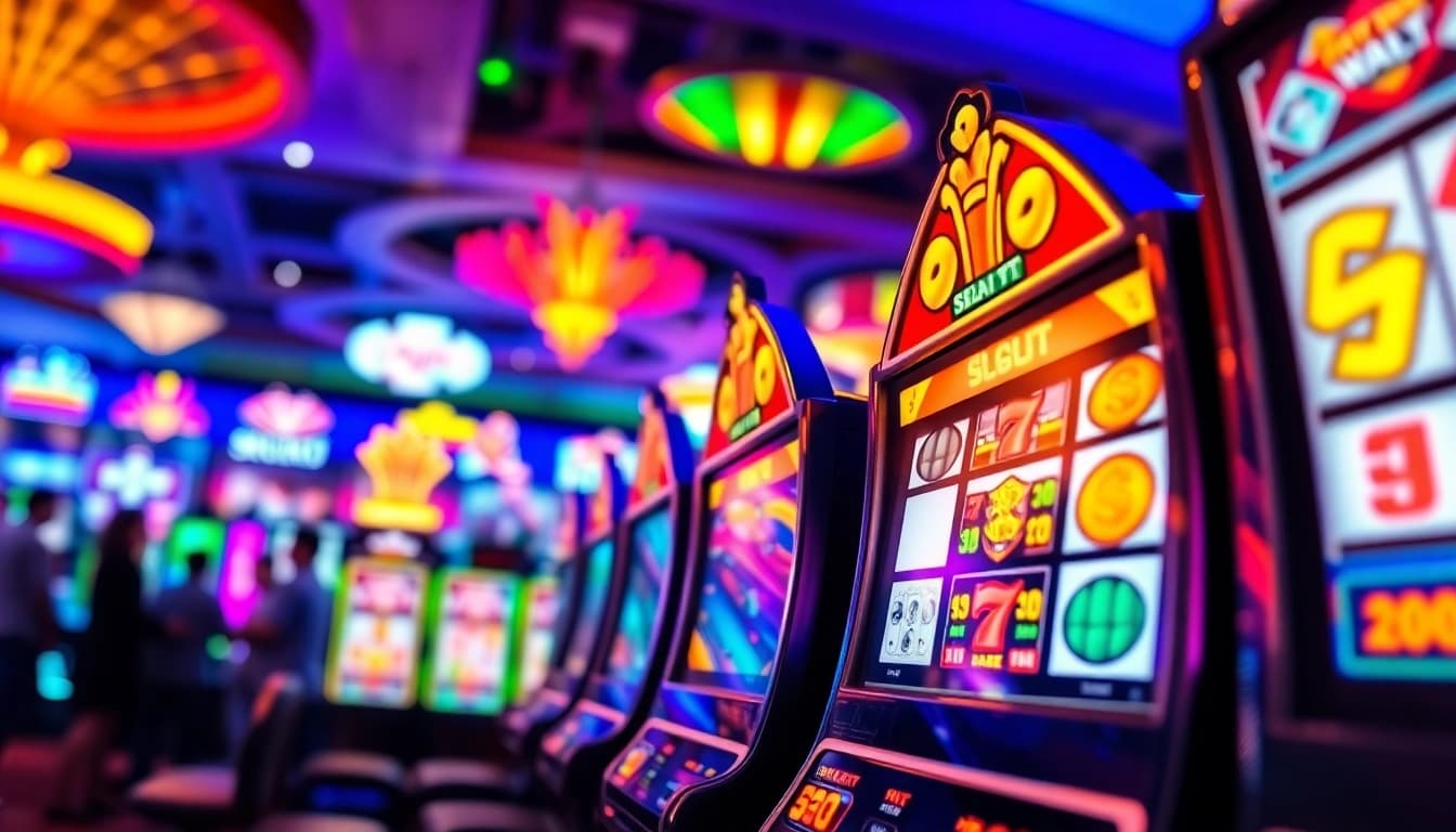Slot Game menarik dengan suasana kasino penuh warna dan cahaya cerah.