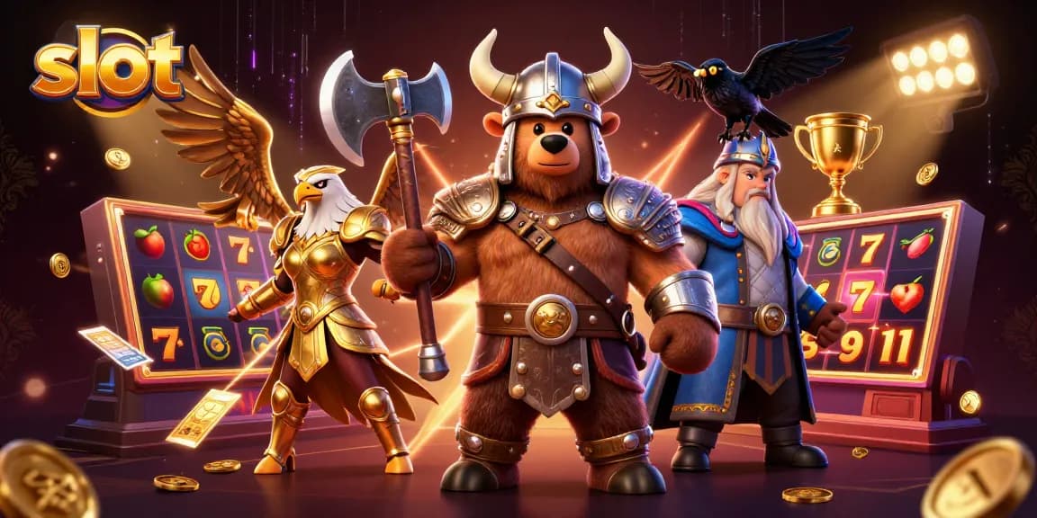 Experience thrilling slot gameplay with Viking bear and Valkyrie eagle in dynamic casino scene.